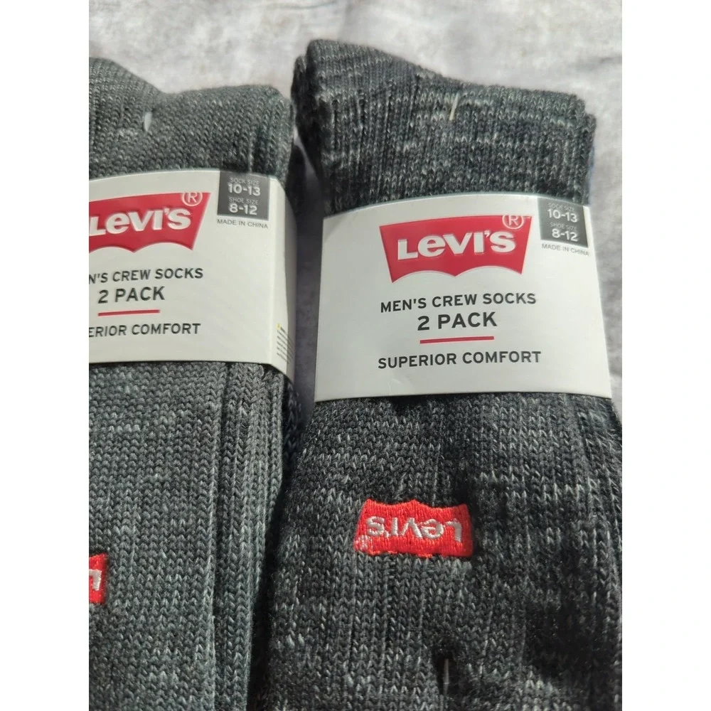 2-Levi's Mens Crew Sock Black/Blue/Gra Superior Comfort Embroidered Logo sz 8-12